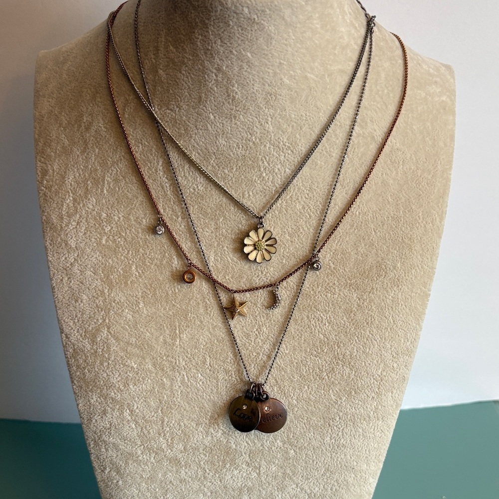 Michael Kors +2 Necklace Set Layered Daisy Charm Moon Star Rose Gold/Silver Tone